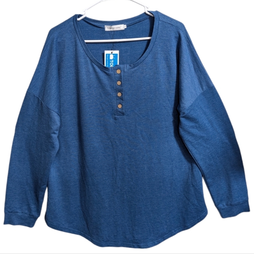 Top style women's Shirt 2XL Long Sleeve 1/4 Button Blue v neckline W-420